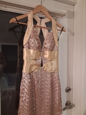 Prom/ Vacation/ Sexy Alyce Paris Gold Sequin Halter Dress with Satin Bows